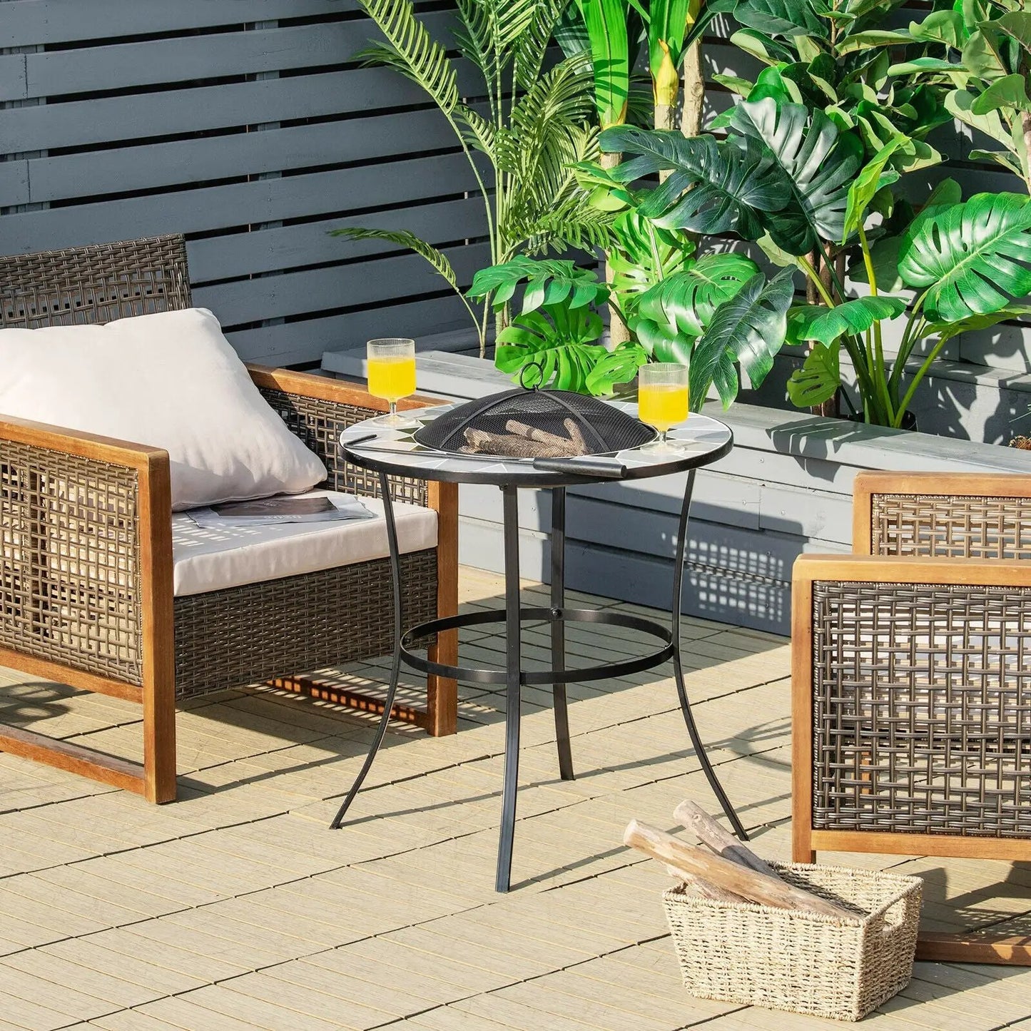 23.5 Inches Round Fire Pit Table with Mesh Cover and Fire Poker - Tampa Home & Garden Store