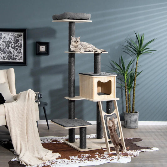 DirectDeals 5-Tier Wood Cat Tower with gray washable cushions and sisal posts on Tampa Home & Garden Store