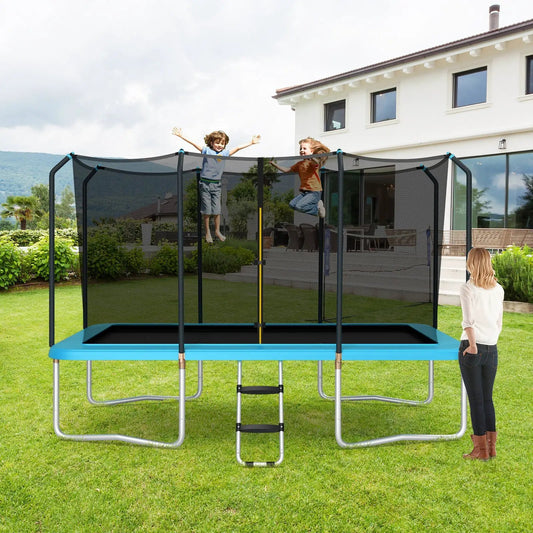8 x 14 ft rectangular trampoline with enclosure net and ladder, kids jumping in backyard on Tampa Home & Garden Store