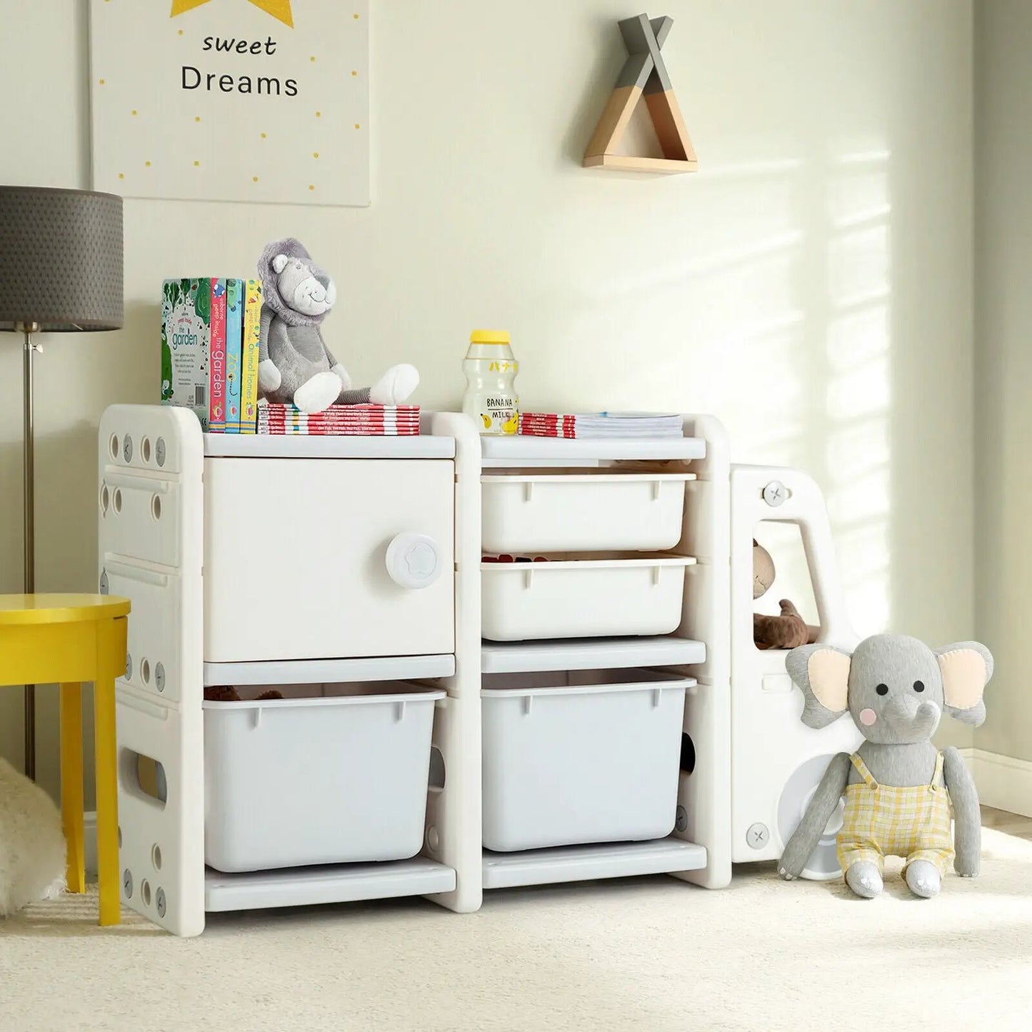 Toddler Truck Storage Organizer with Plastic Bins, white unit, gray elephant plush DirectDeals on Tampa Home & Garden Store