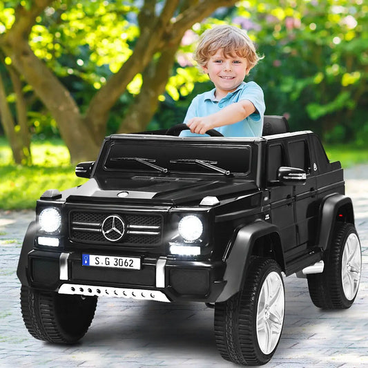 12V licensed Mercedes-Benz kids ride-on car, black with Mercedes emblem, child driver on Tampa Home & Garden Store