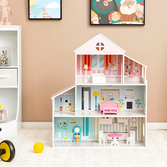 3 Tier Toddler Doll House with Furniture, pink interior, white frame DirectDeals Doll Playset on Tampa Home & Garden Store