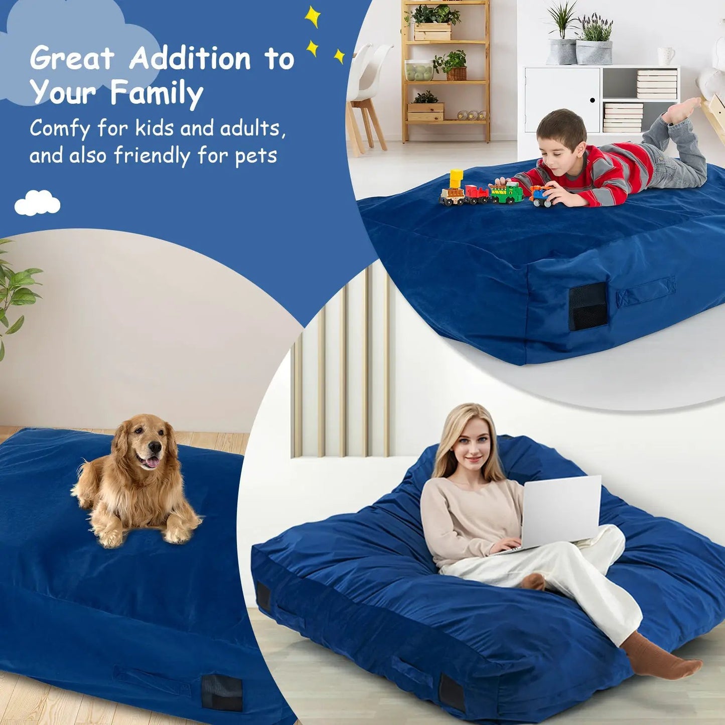 Blue crash pad sensory mat with foam blocks and washable cover; kids and a dog use it on Tampa Home & Garden Store