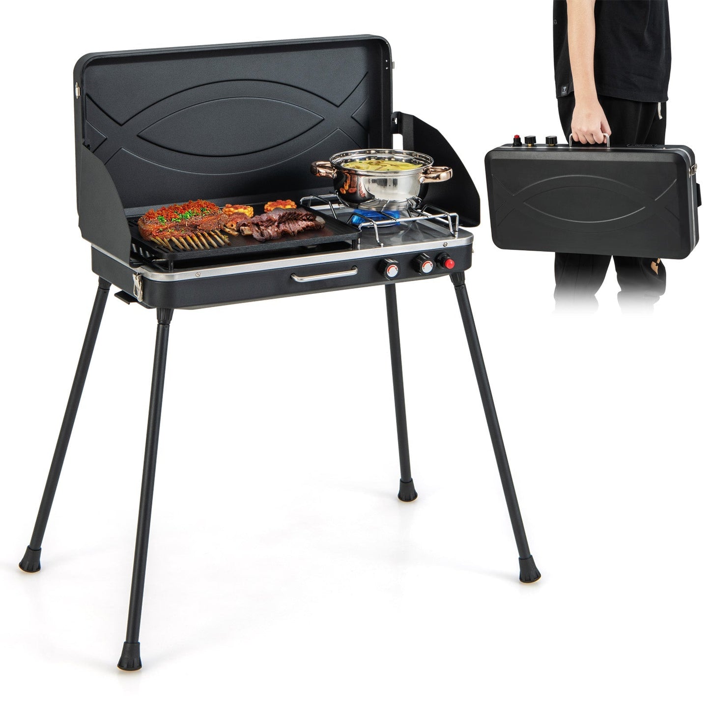 GemGear 2-in-1 Gas Camping Grill and Stove, black portable with lid, side carry case included on Tampa Home & Garden Store