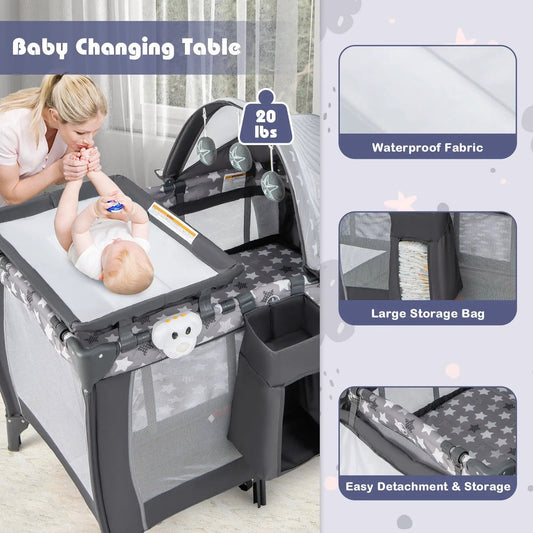 Portable Baby Nursery 4-in-1 Travel Crib in star-pattern fabric with mesh sides and storage bag on Tampa Home & Garden Store