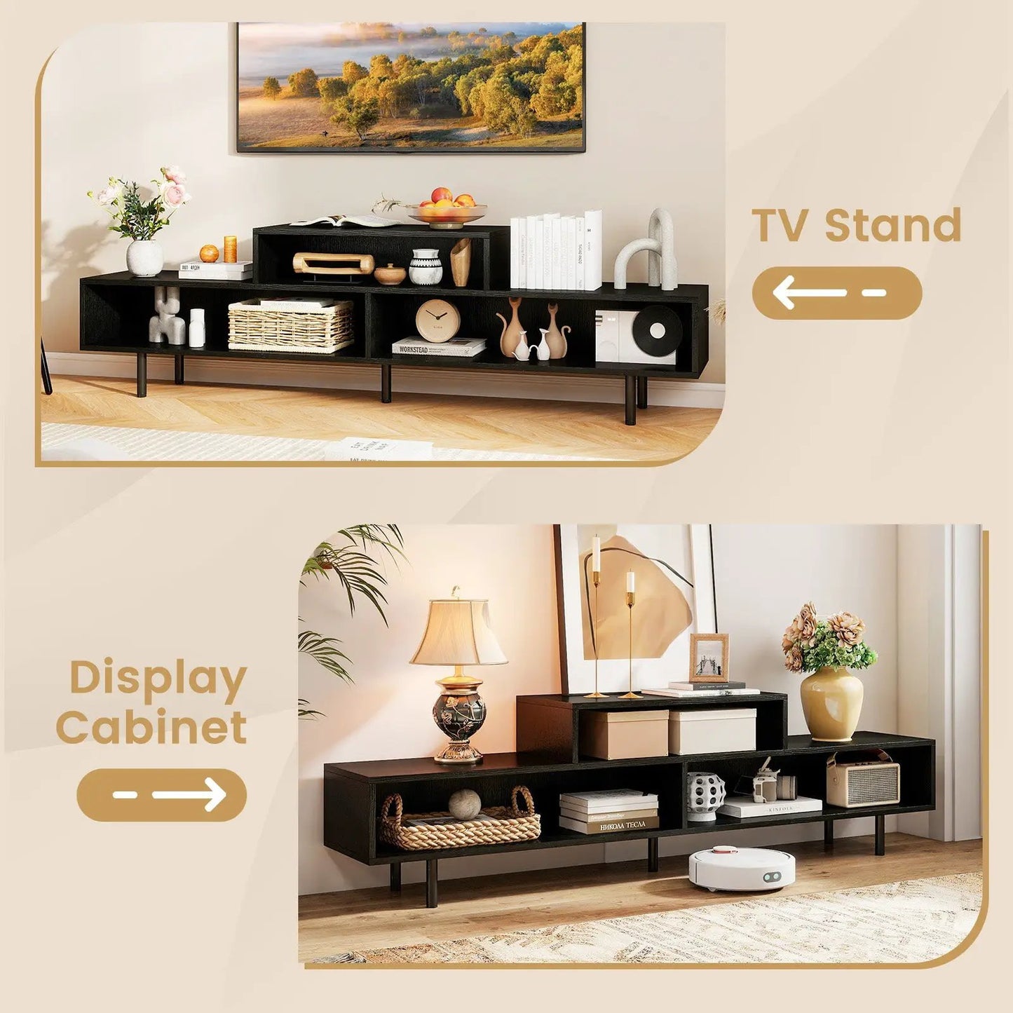 DirectDeals 3-Cubby TV Stand in black wood with open storage for up to 70 inch TVs on Tampa Home & Garden Store