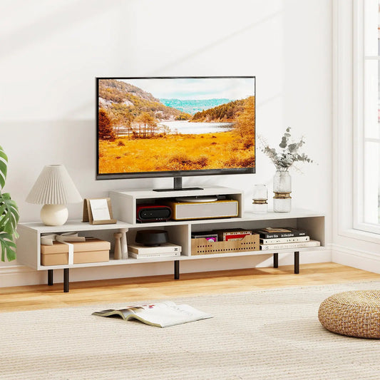 3-cubby TV stand for 70-inch TVs with open storage compartments in a light gray finish on Tampa Home & Garden Store