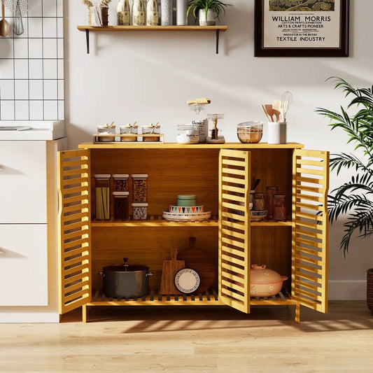 3-door bamboo bathroom cabinet with slatted doors and open shelf storage, natural finish on Tampa Home & Garden Store
