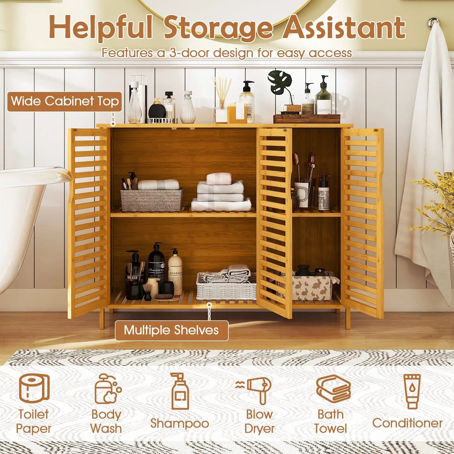 3-Door Bamboo Bathroom Cabinet with Shelves in natural finish center shelves with towels on Tampa Home & Garden Store