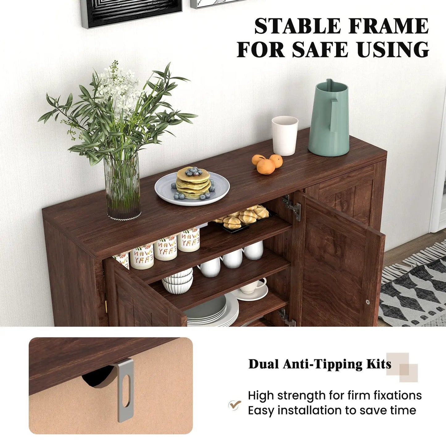 3-Door Buffet Sideboard with adjustable shelves in dark wood; top with greenery vase on Tampa Home & Garden Store