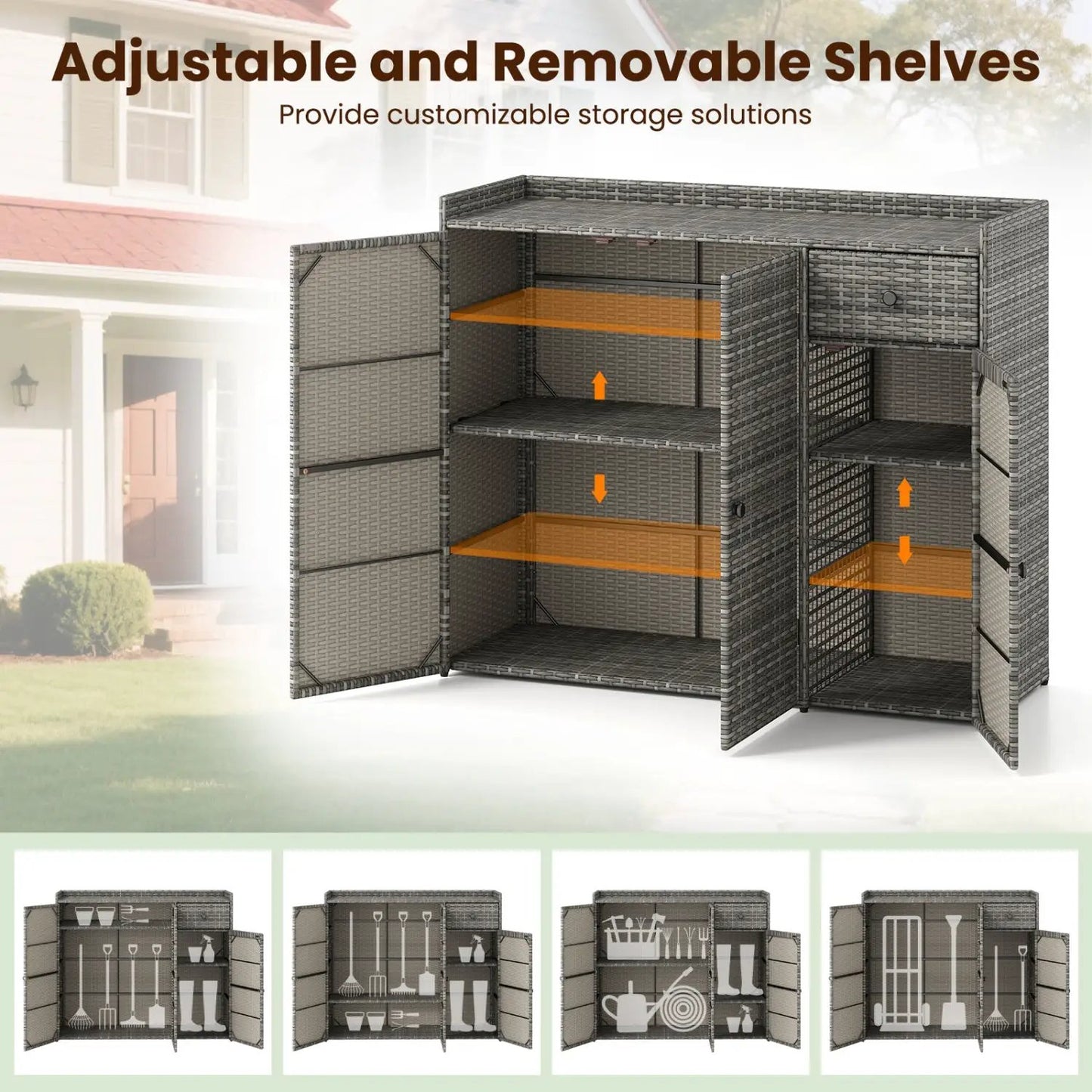Outdoor Wicker Cabinet with 3 Doors and Drawer