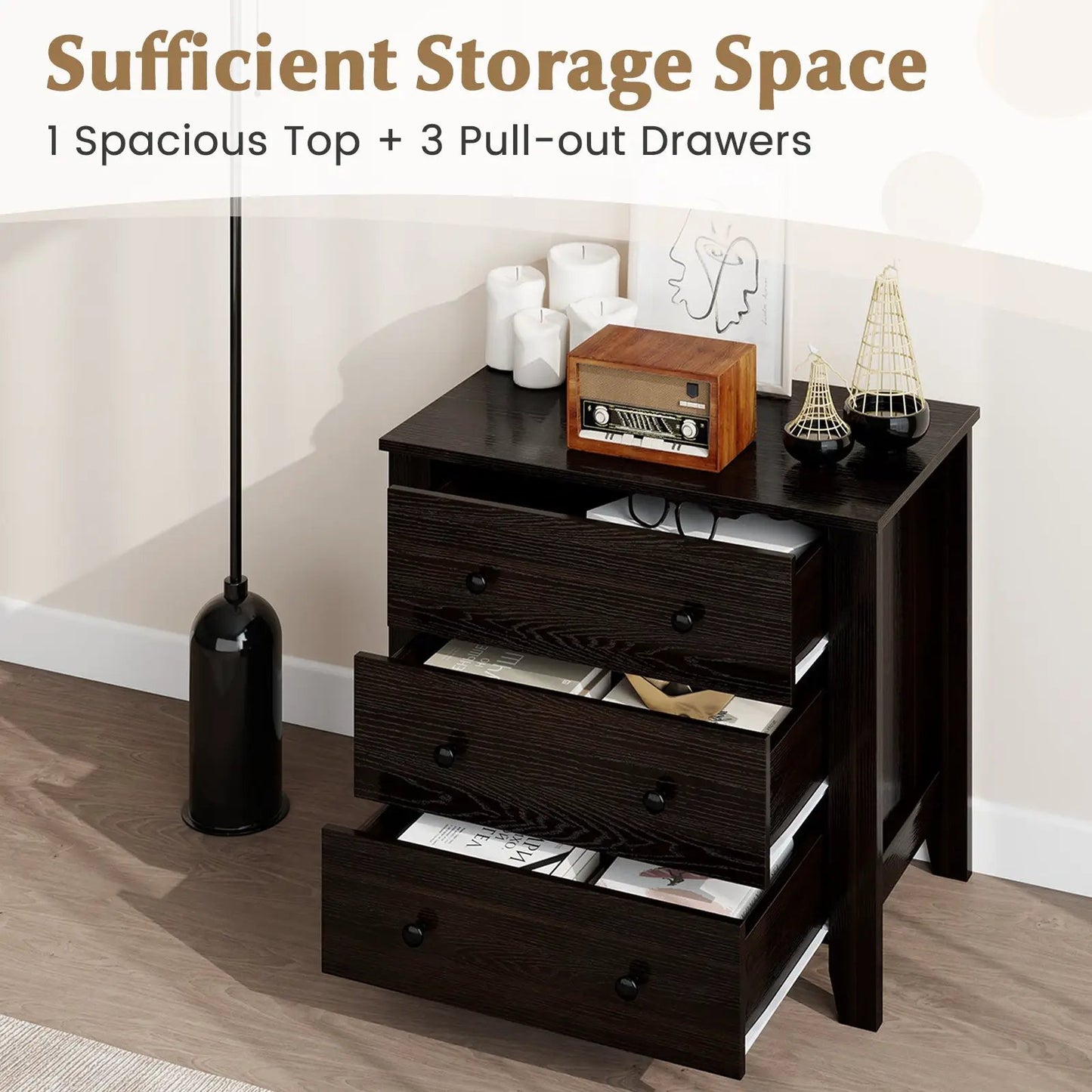 3-drawer dresser dark brown wood with vintage radio on top on Tampa Home & Garden Store