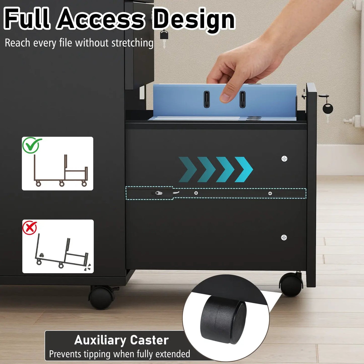 DirectDeals locking 3-drawer filing cabinet pedestal desk in black with a blue inner drawer on Tampa Home & Garden Store