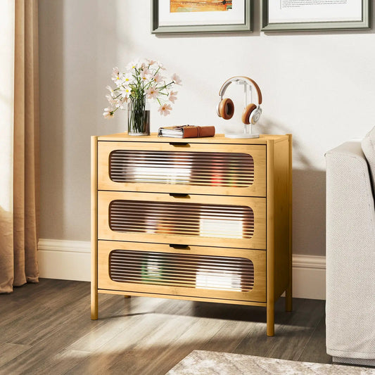 3-drawer chest with reeded glass front in natural wood finish, mid-century modern style on Tampa Home & Garden Store