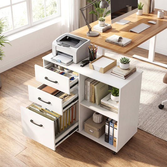 3-Drawer Mobile File Cabinet with Open Storage Shelves white on casters on Tampa Home & Garden Store