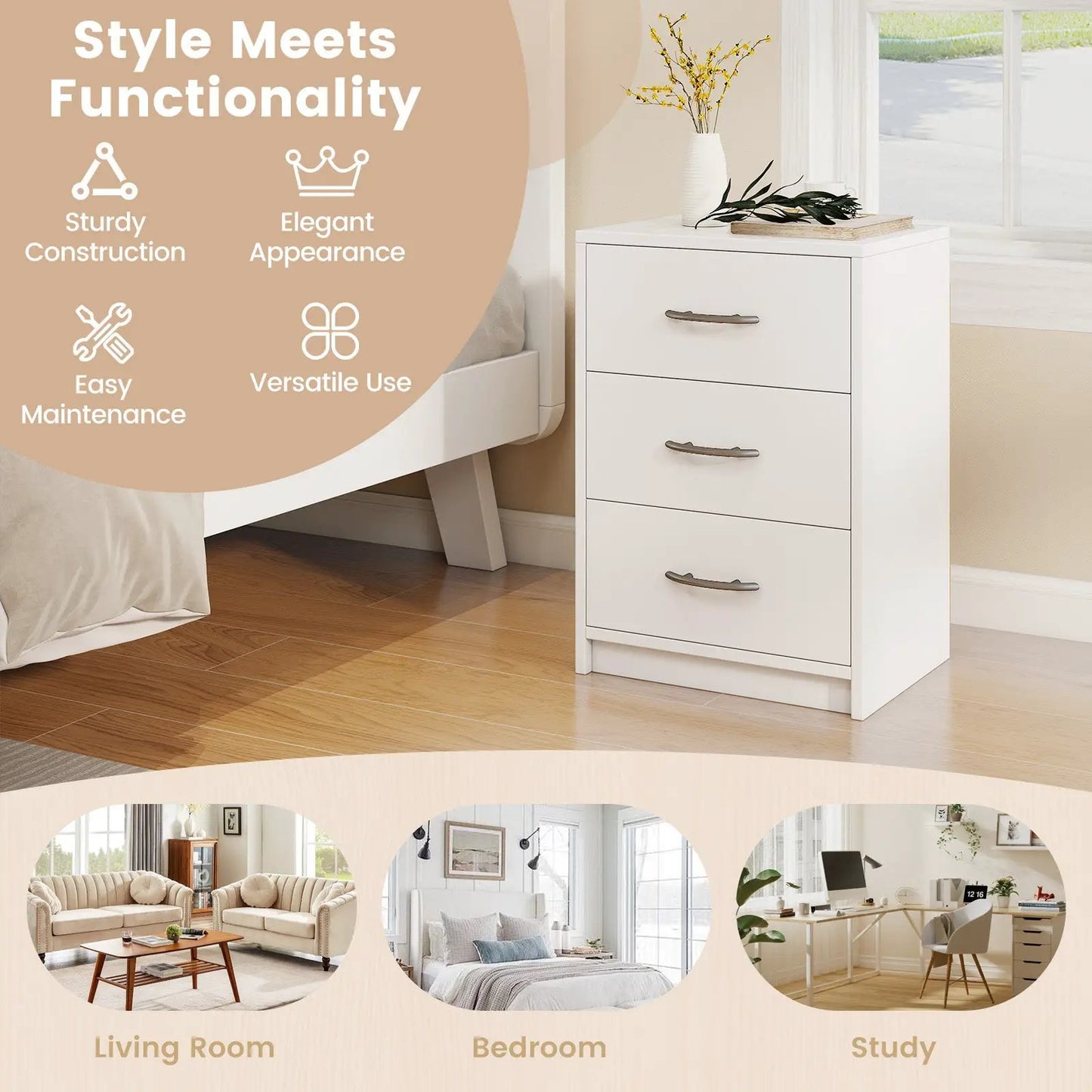3 Drawer Nightstand with Storage for Living Room-White - Tampa Home & Garden Store