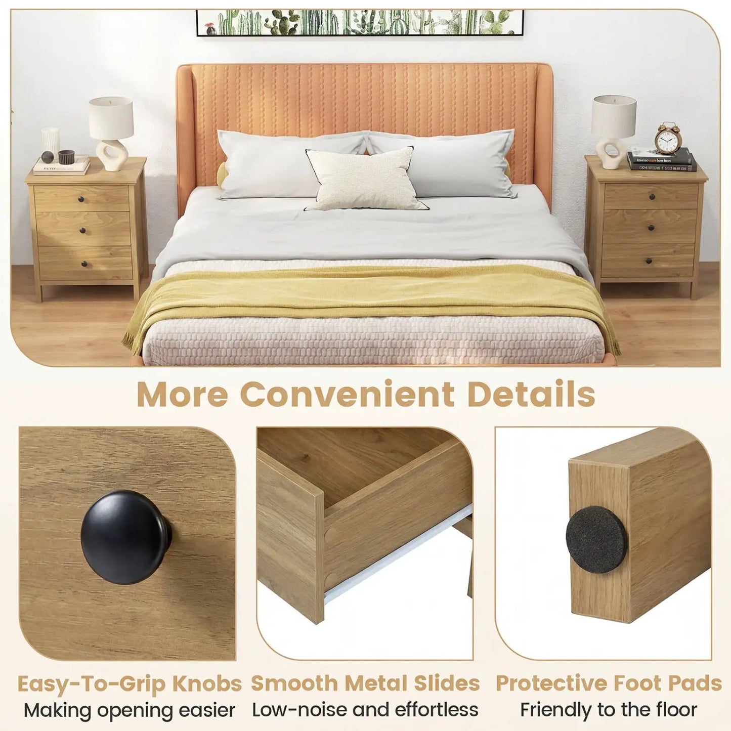 Three Drawer Wooden Nightstand with Metal Slides