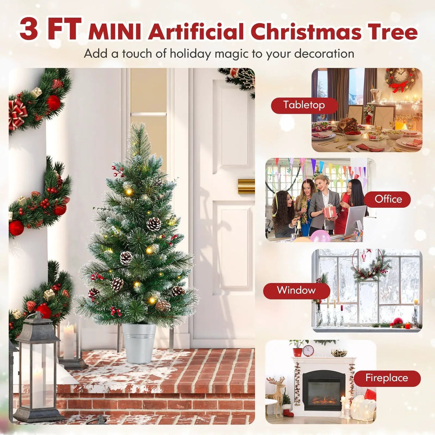 3 ft battery-operated tabletop Christmas tree with pine needles and pinecones in a bucket on Tampa Home & Garden Store