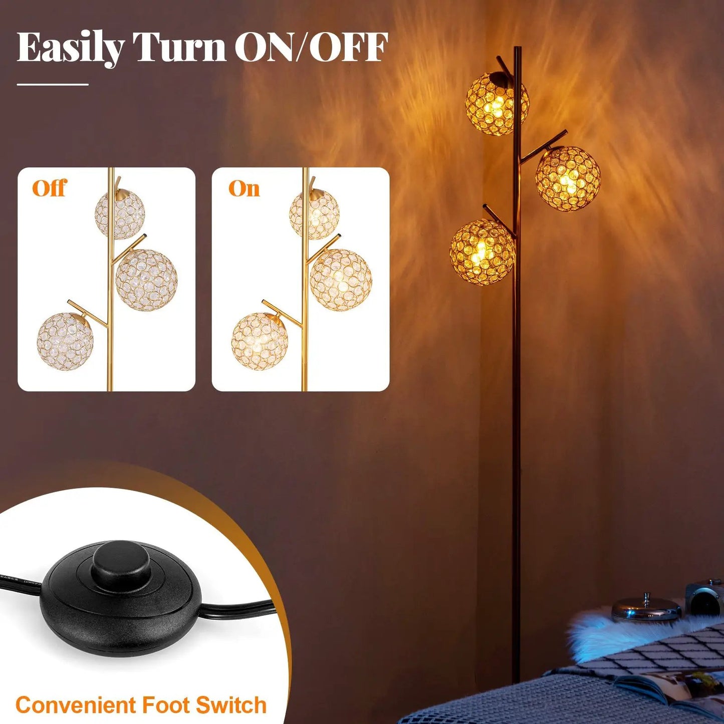 3-Globe Floor Lamp with Foot Switch and E26 Bases in gold finish on Tampa Home & Garden Store