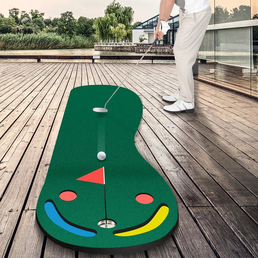 DirectDeals golf putting green mat with green turf on a wooden deck, putter and ball outdoors on Tampa Home & Garden Store