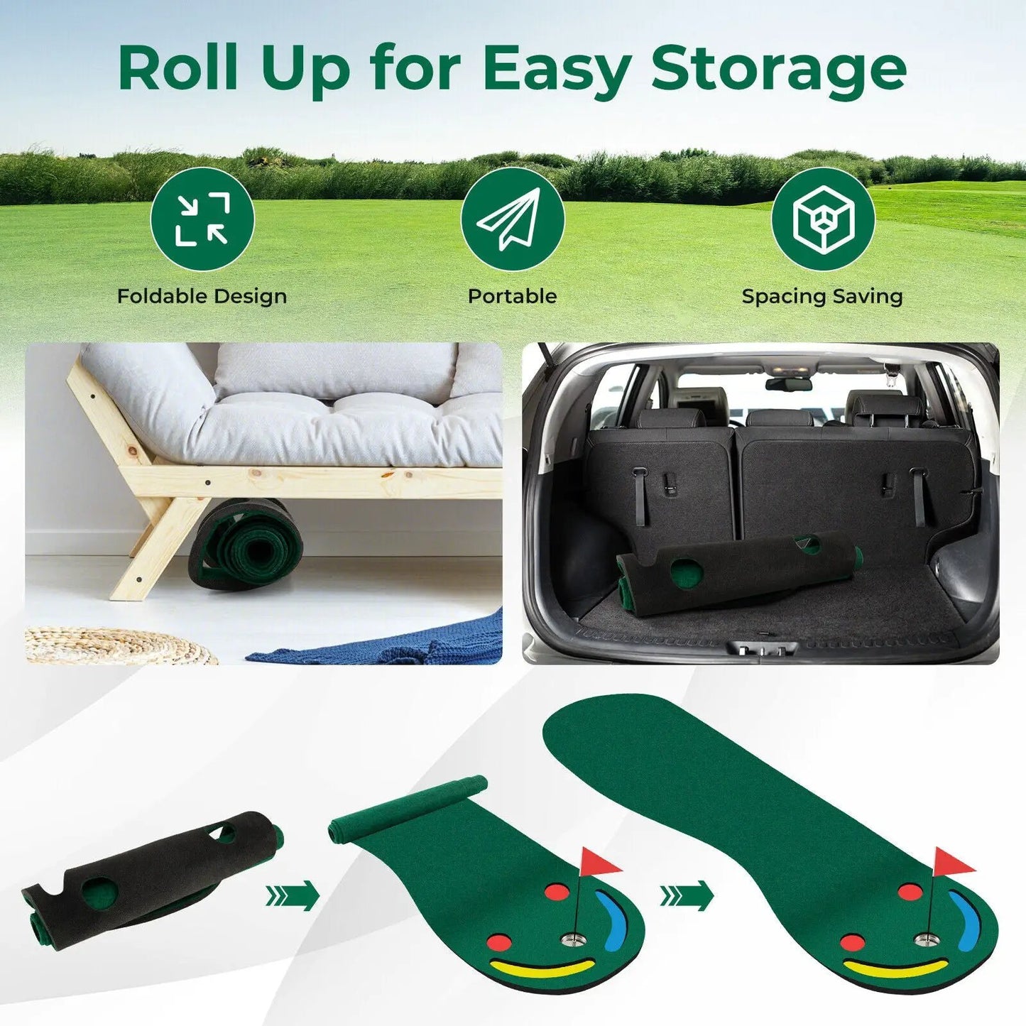 Golf Putting Green Set foldable portable indoor/outdoor use with roll-up storage mats on Tampa Home & Garden Store