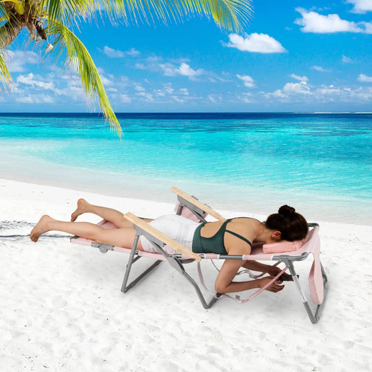 3-In-1 Foldable Beach Chair with Footrest pink sunlounger on white sand beach under palm on Tampa Home & Garden Store