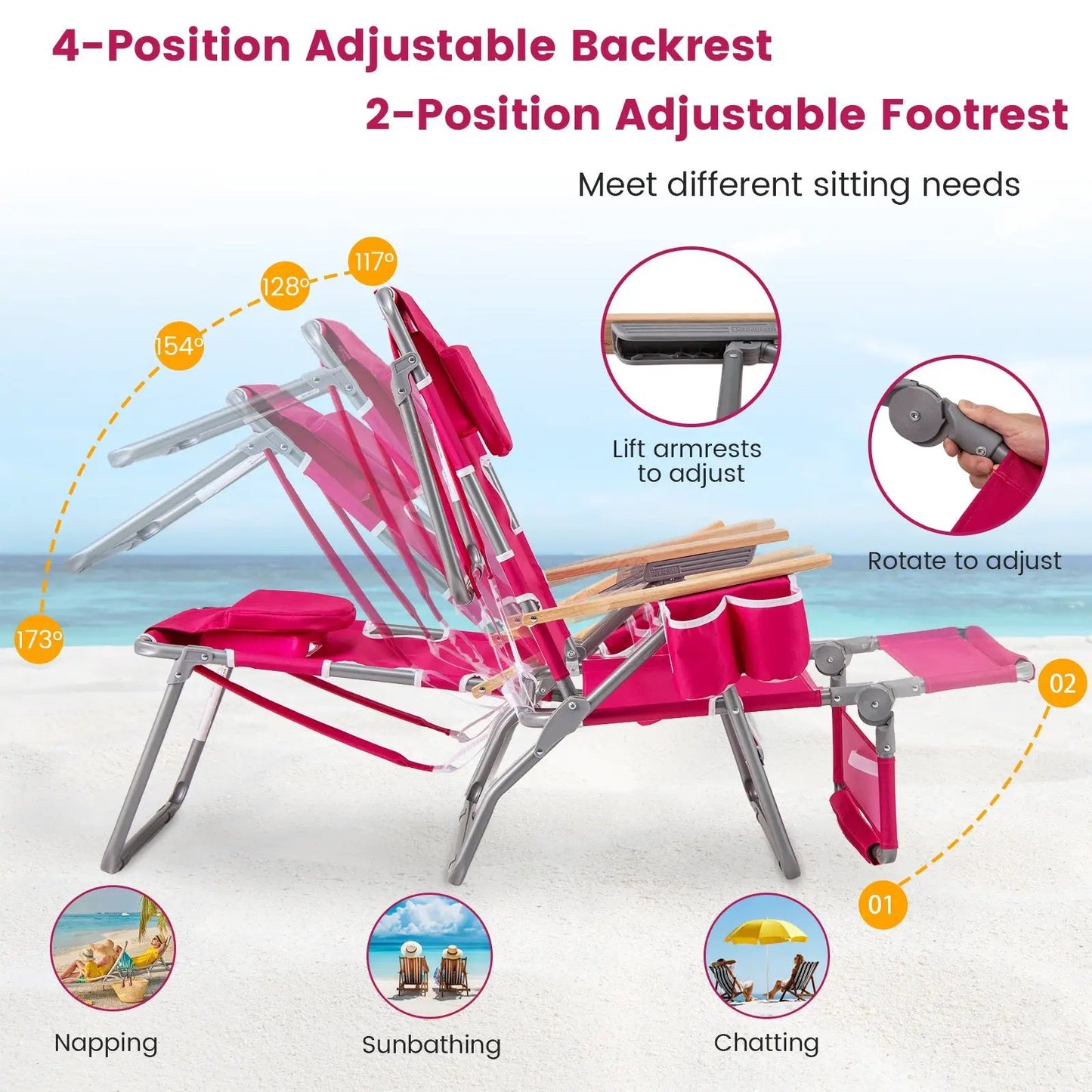 3-In-1 foldable pink beach chair with footrest and adjustable backrest DirectDeals sunlounger on Tampa Home & Garden Store