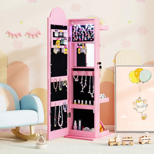 Pink 3 in 1 kids jewelry cabinet with lighted mirror open to display hooks and shelves DirectDeals on Tampa Home & Garden Store