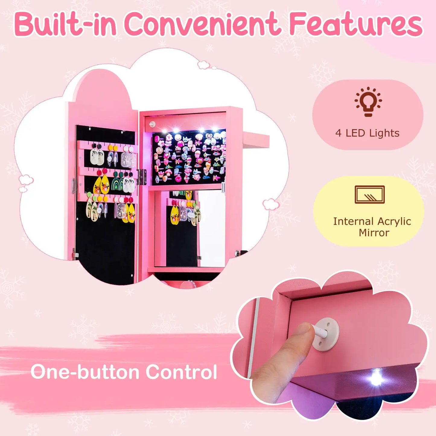 Pink 3 in 1 kids jewelry cabinet with lighted mirror, freestanding armoire with LED lights on Tampa Home & Garden Store