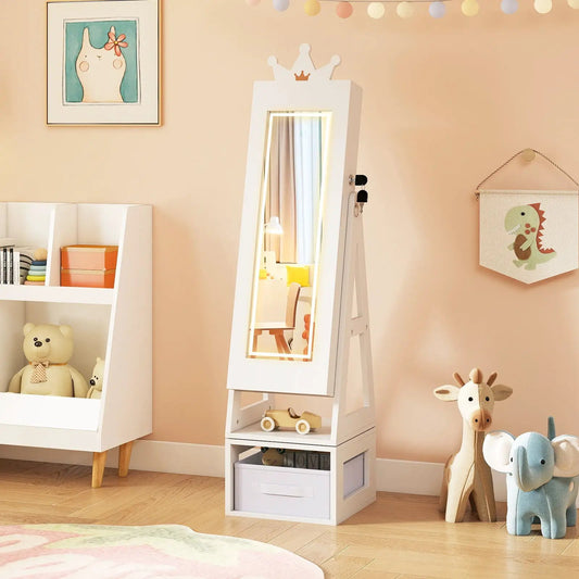 3-in-1 Kids Jewelry Cabinet With Mirror white wooden crown topper lighted full-length mirror on Tampa Home & Garden Store