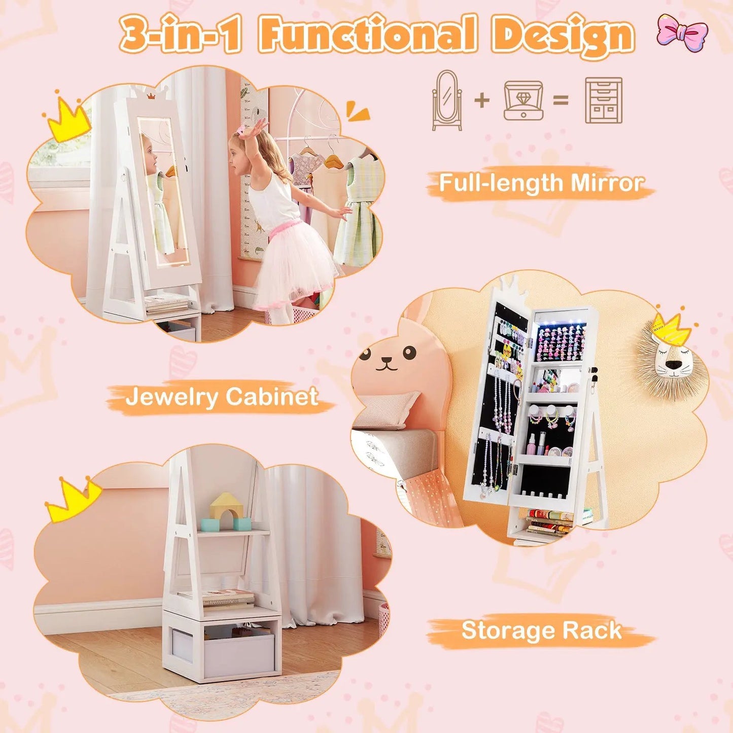 3-In-1 Kids Jewelry Cabinet With Mirror, white stand with full-length mirror DirectDeals on Tampa Home & Garden Store