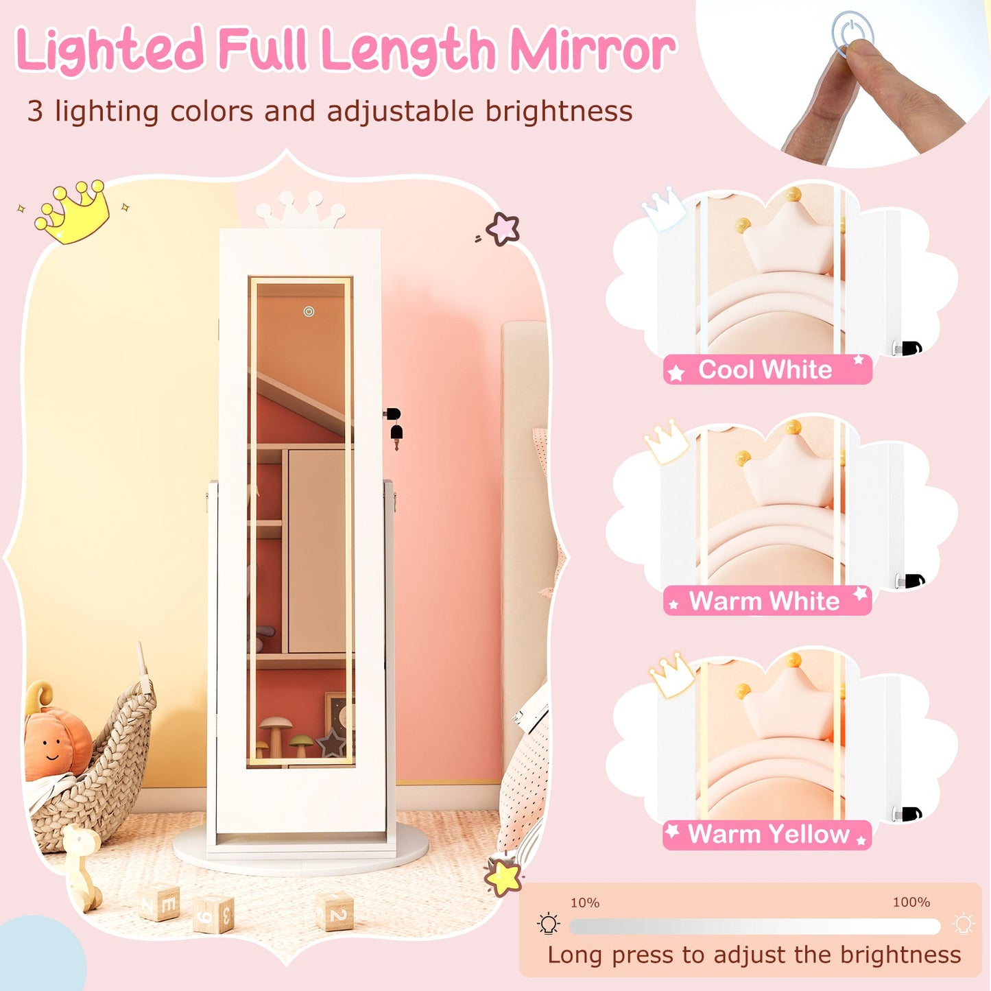 3 In 1 Kids Jewelry Cabinet With Lighted Mirror white finish jewelry armoire by DirectDeals with full-length mirror on Tampa Home & Garden Store