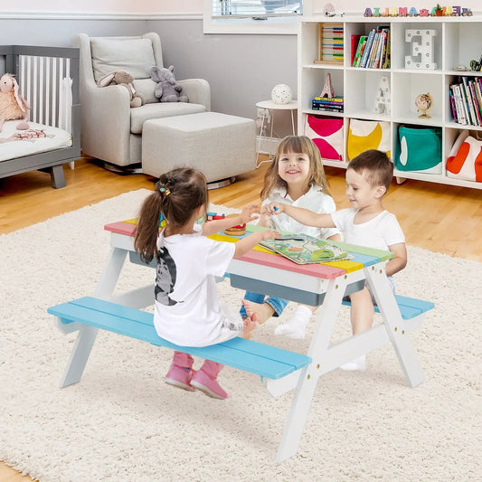 3-in-1 Kids Outdoor Water Sand Table with blue pink yellow panels; three kids playing on Tampa Home & Garden Store