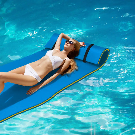 Three Layer Relaxing Tear Proof Water Mat blue pool lounger with yellow piping DirectDeals on Tampa Home & Garden Store