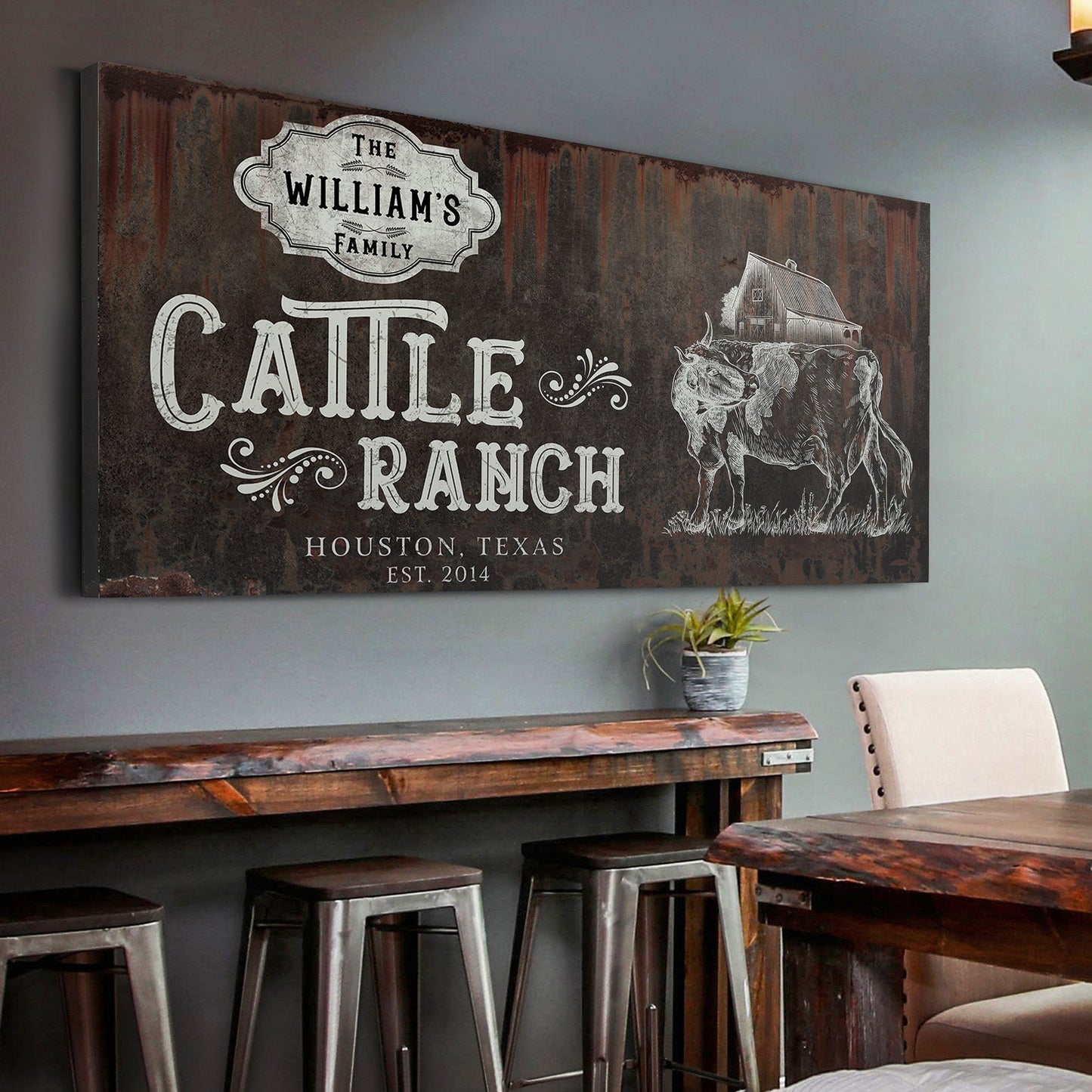 Vintage cattle ranch sign canvas by Tailored Canvases with rusty backdrop and white typography on Tampa Home & Garden Store