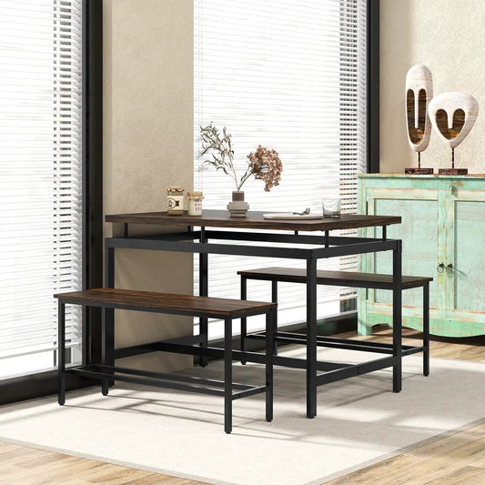 3 Pieces Dining Table Set with Wooden Kitchen Table and 2 Benches-Brown - Tampa Home & Garden Store