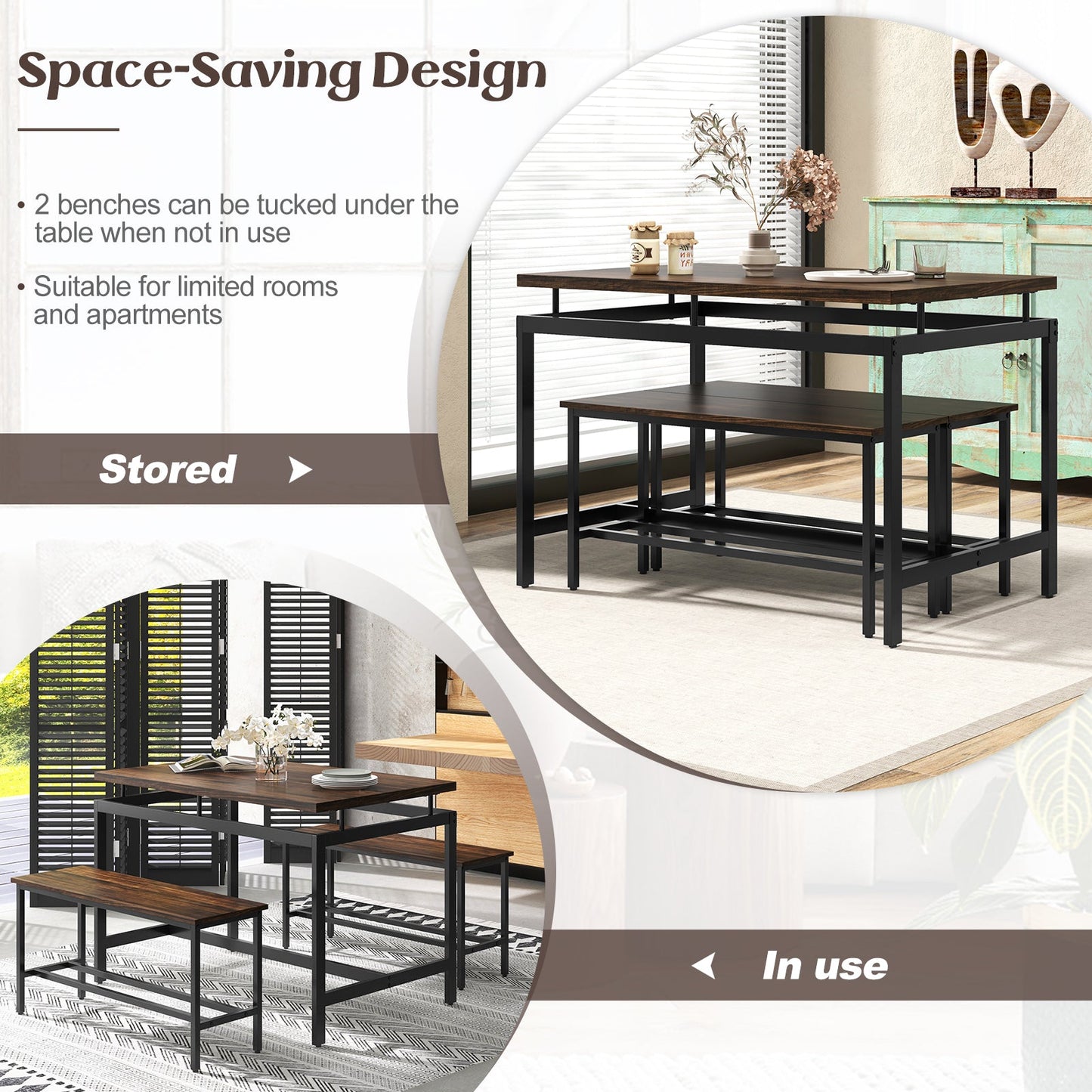 Juego de mesa de comedor de 3 piezas con mesa de cocina de madera y 2 bancos - Marrón