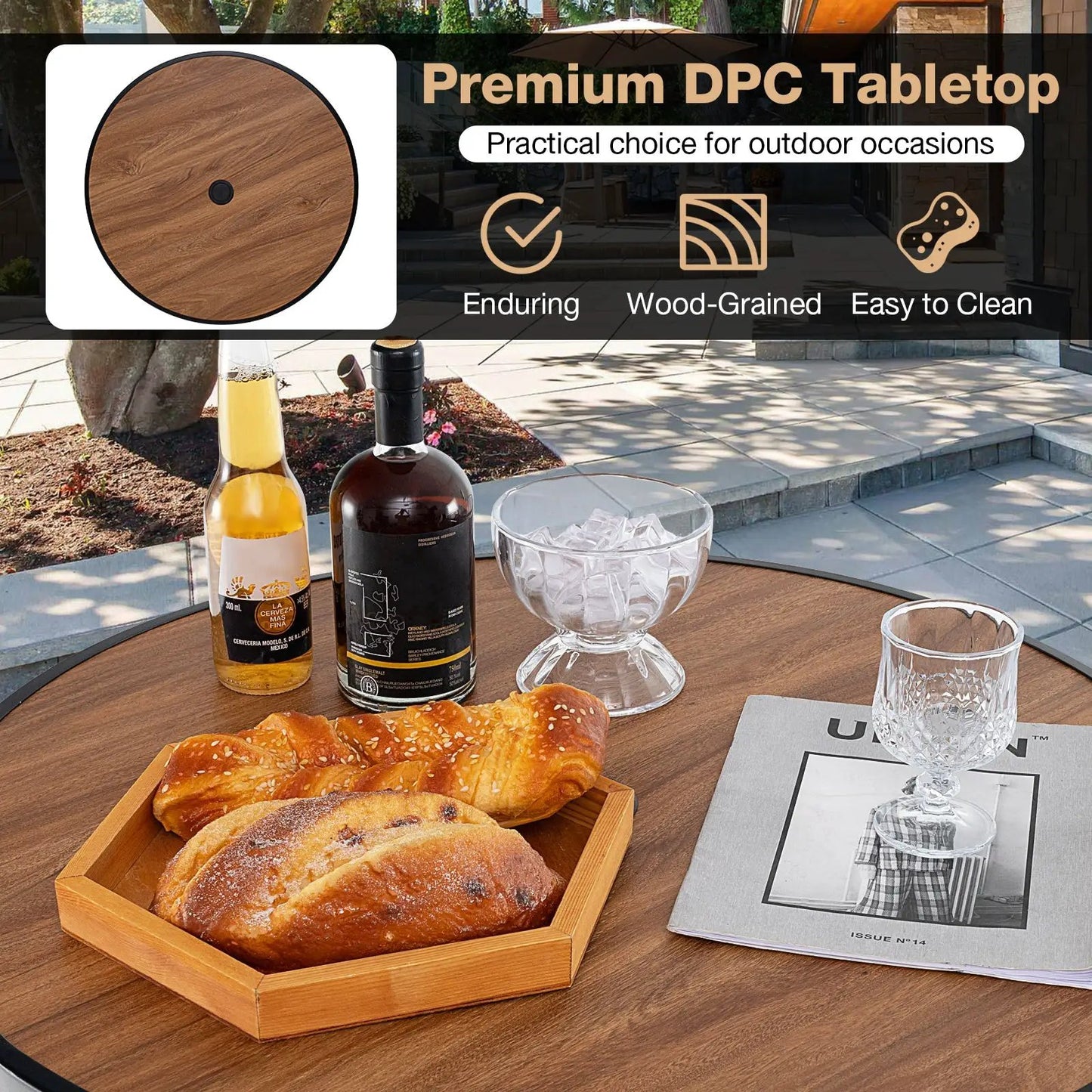 3-piece round outdoor bar table set with umbrella hole, wood-grained tabletop DirectDeals on Tampa Home & Garden Store