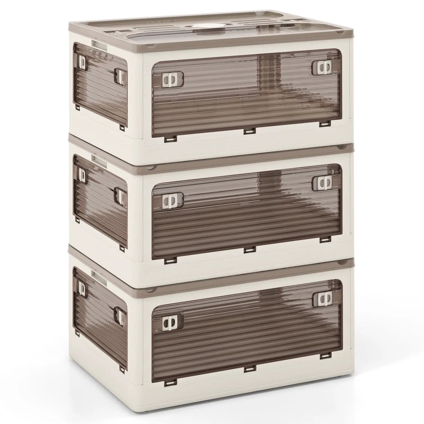 Three Pack Stackable Storage Bins with Lids DirectDeals, white frames brown lids, stacked on Tampa Home & Garden Store