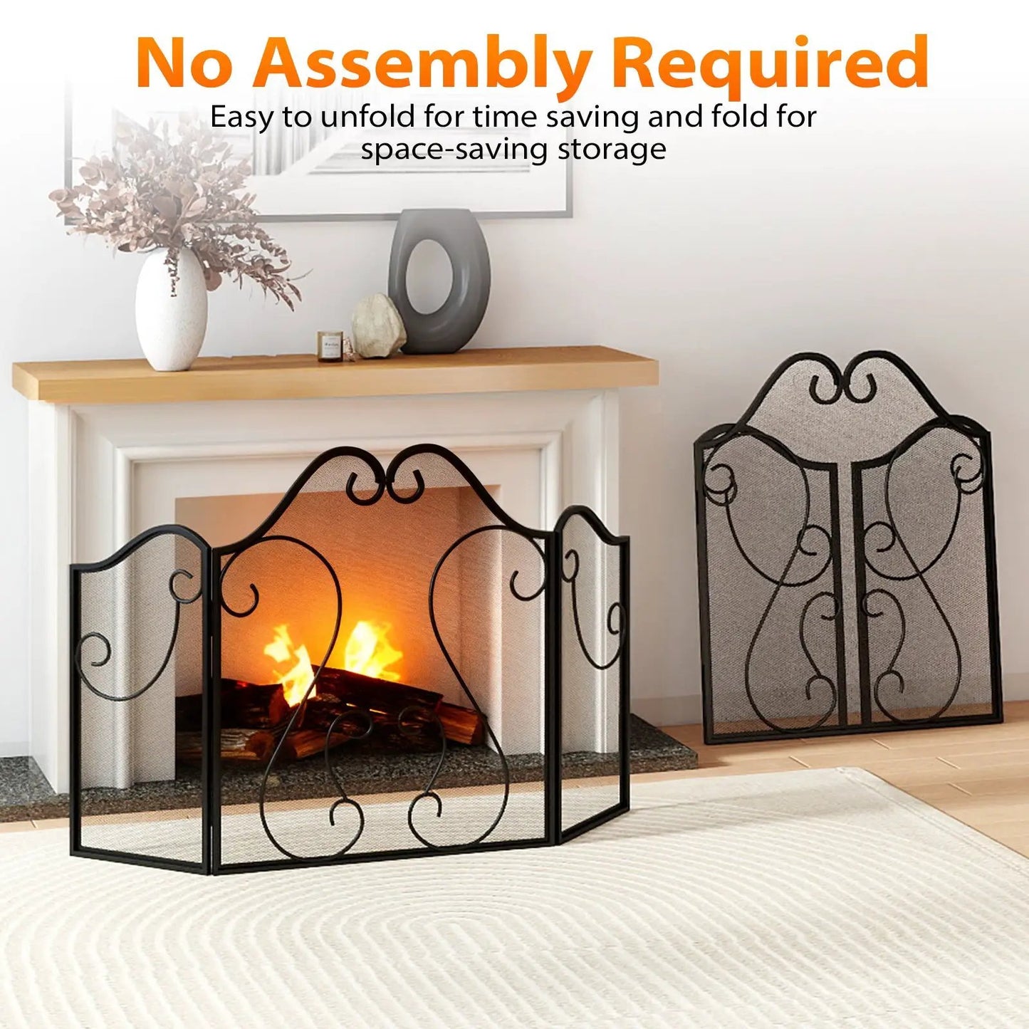 3-panel foldable fireplace screen with black wrought-iron scroll in front of a fireplace on Tampa Home & Garden Store