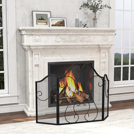 DirectDeals 3 Panel Fireplace Screen Foldable Spark Guard in black metal with scroll mesh on Tampa Home & Garden Store