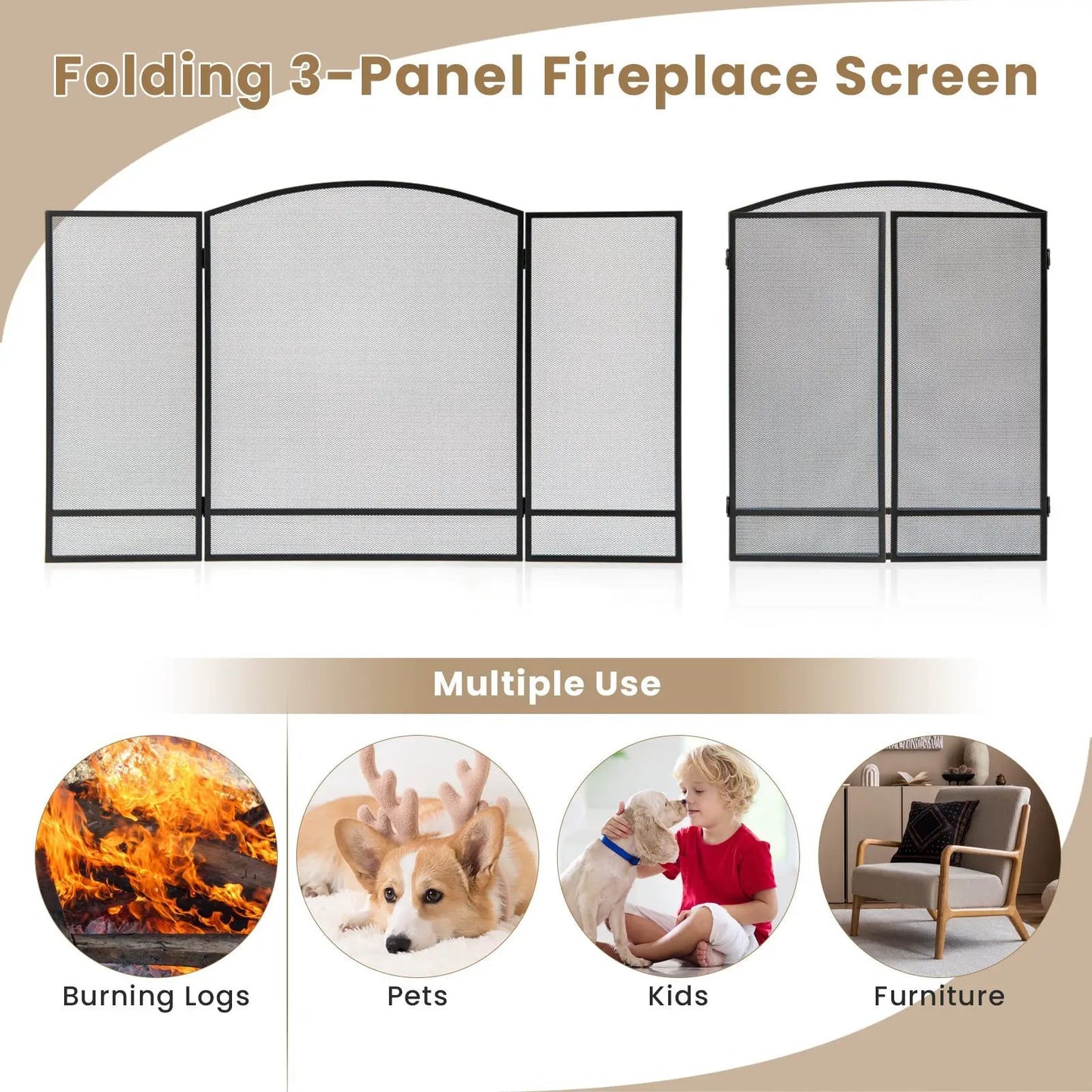 Foldable Fireplace Screen with Wrought Iron Mesh