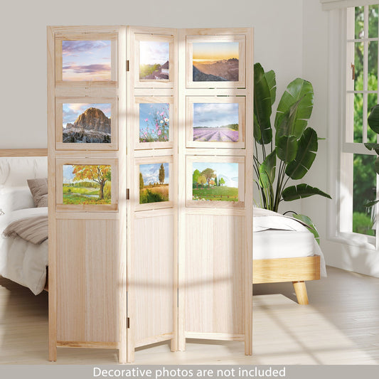 3 Panel Folding Privacy Screen with 9 Swivel Paulownia Wood Photo Frames-Natural - Tampa Home & Garden Store