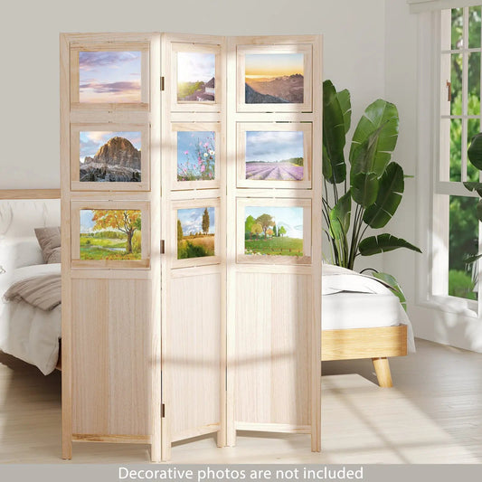 Three-panel folding privacy screen with nine swivel frames in natural Paulownia wood showcasing photos on Tampa Home & Garden Store