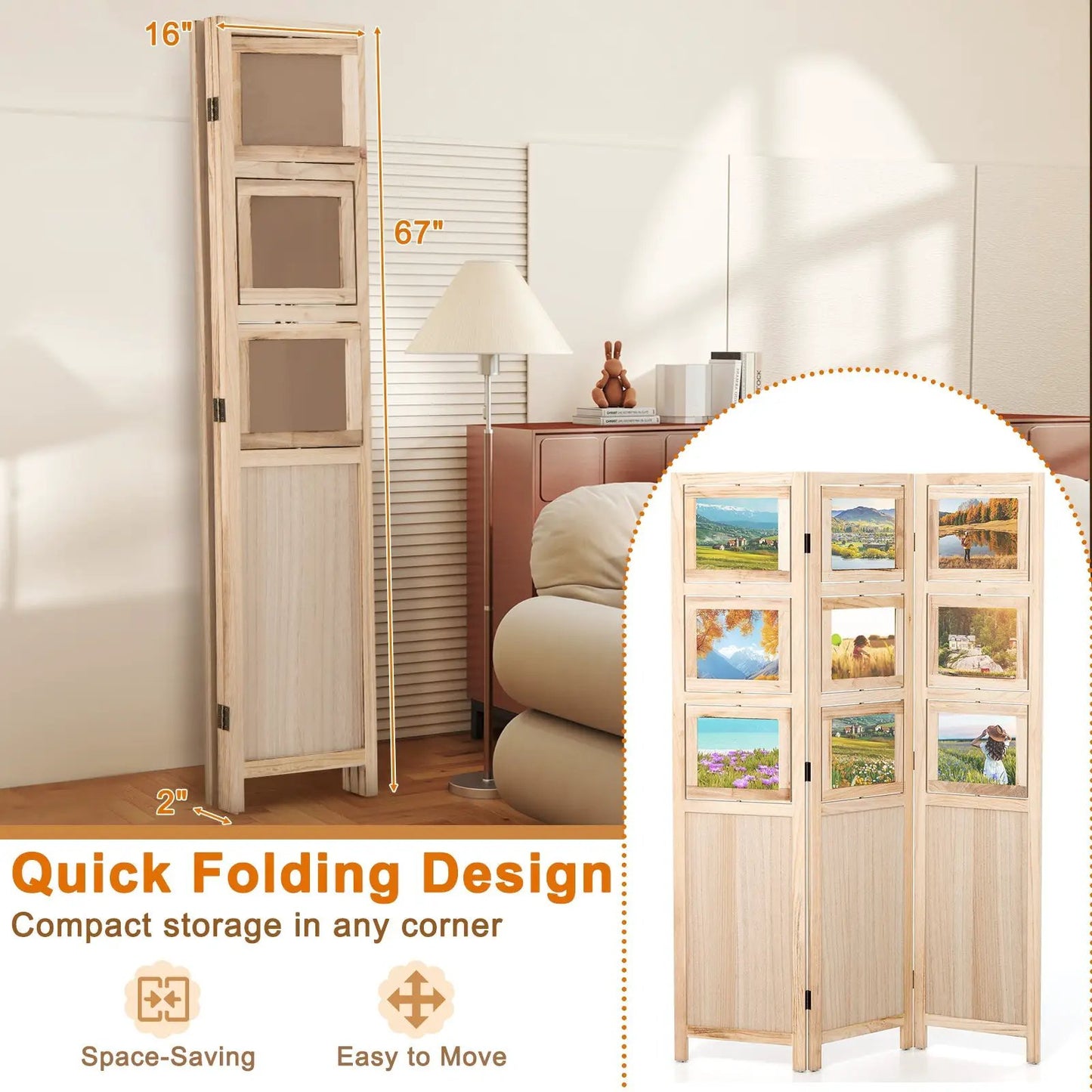 3-Panel Folding Privacy Screen with 9 swivel photo frames in natural wood by DirectDeals on Tampa Home & Garden Store