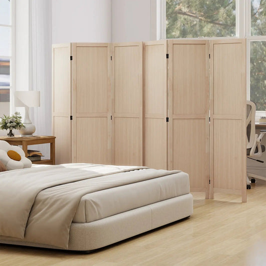 Three-panel beige wooden folding room divider for home in a bright bedroom setting on Tampa Home & Garden Store