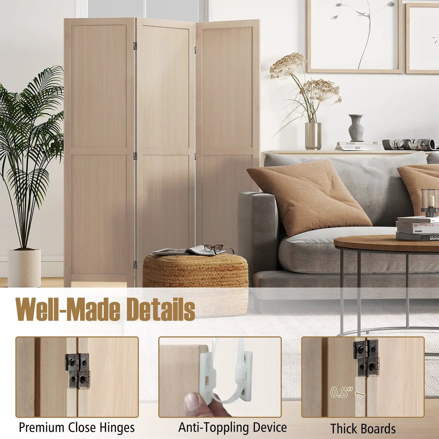 Three-panel folding room divider beige wood finish for home DirectDeals on Tampa Home & Garden Store