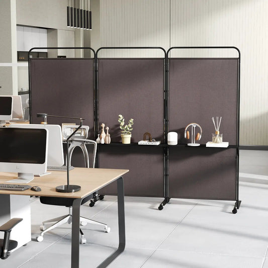 DirectDeals 3-panel folding room divider with brown fabric panels and black frame on wheels on Tampa Home & Garden Store