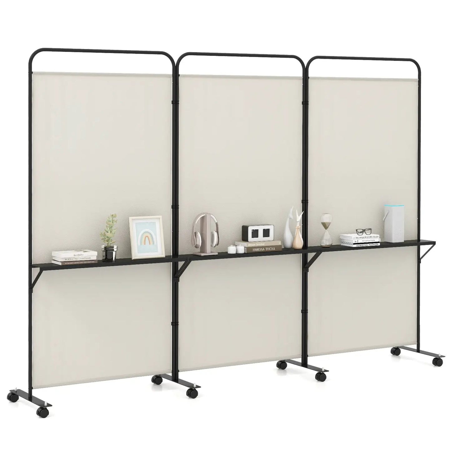 3-Panel Folding Room Divider with 3 Metal Shelves and Lockable Wheels-Brown - Tampa Home & Garden Store