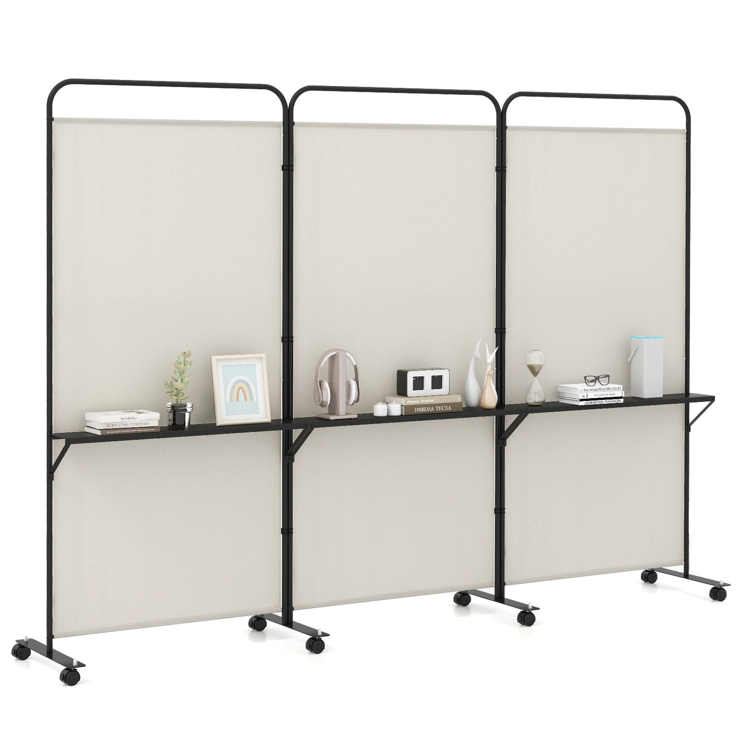 Separador de ambientes plegable de 3 paneles con 3 estantes de metal y ruedas con bloqueo - Marrón